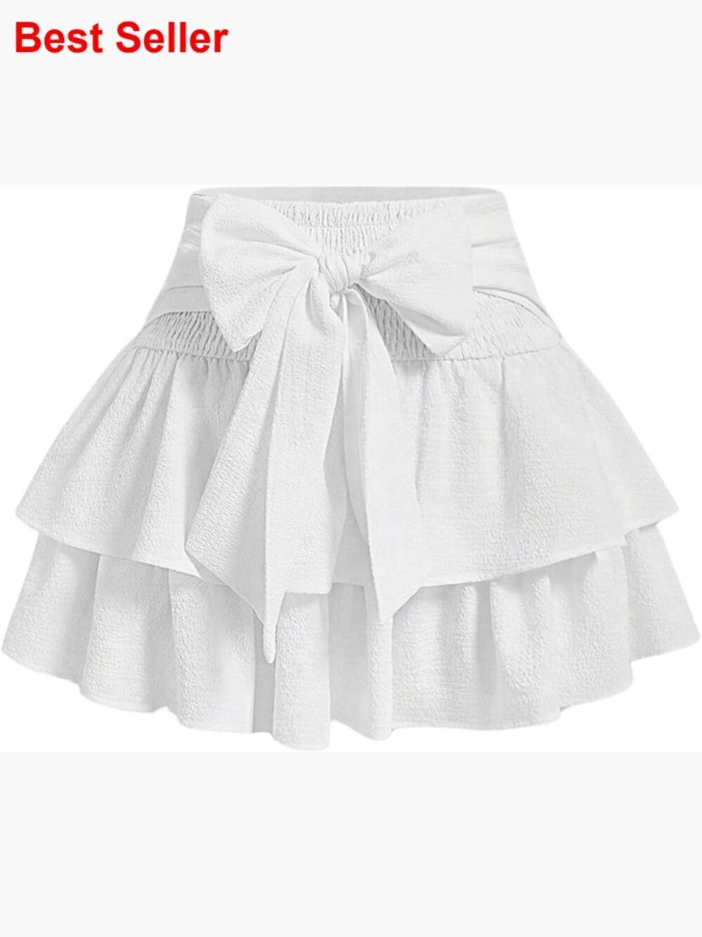 Shirred Waist Mini Skirt with Bow Front and Ruffle Hem